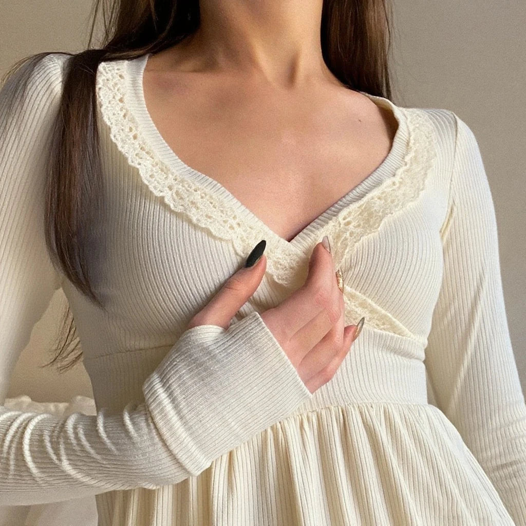 Long Sleeve Lace Trimmed Blouse