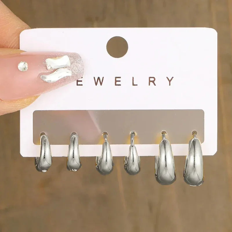 6 pc Stainless Steel Wide Earrings