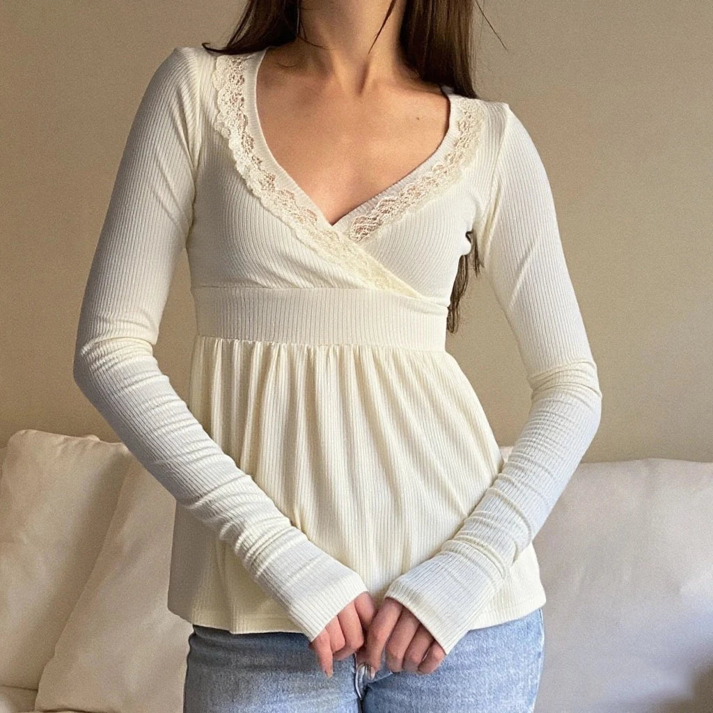 Long Sleeve Lace Trimmed Blouse