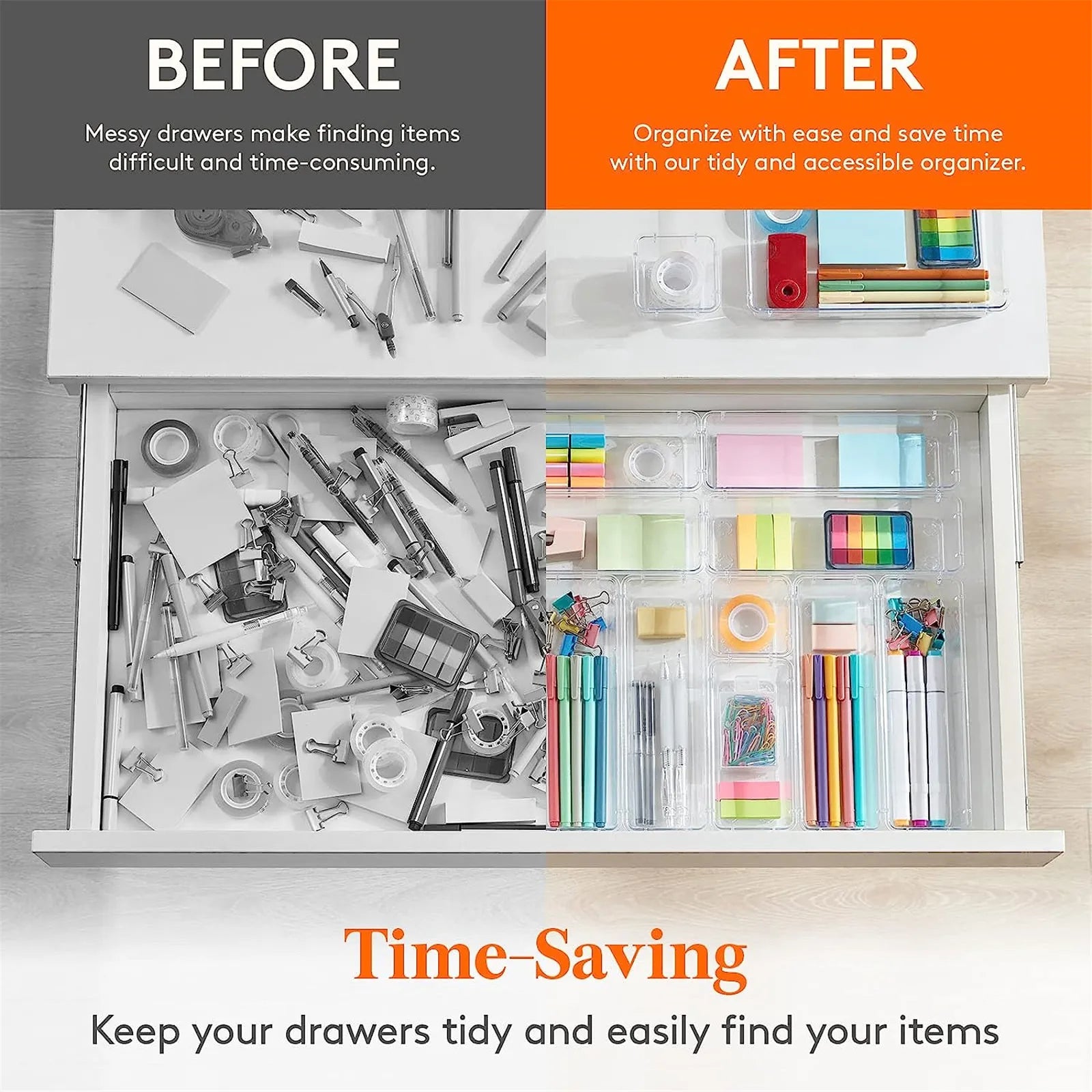 10 pc and 18 pc Heavy Duty Versatile Clear Organizer Tray Set, Drawers, Desk